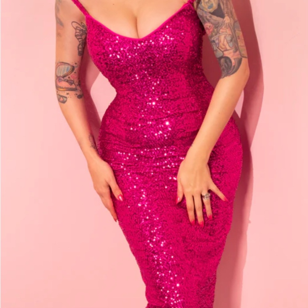 Vixen by Micheline Pitt Hot Pink Sequin Midi Dress